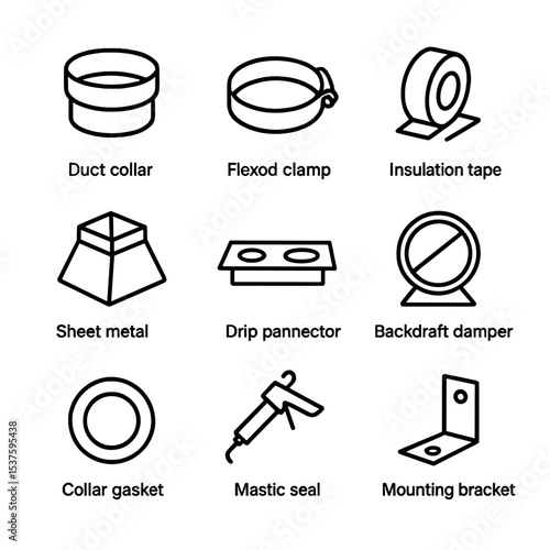 HVAC Connector Icons. Outline icon set of HVAC flexible duct connectors: duct collar, flex duct clamp, insulation tape, sheet
