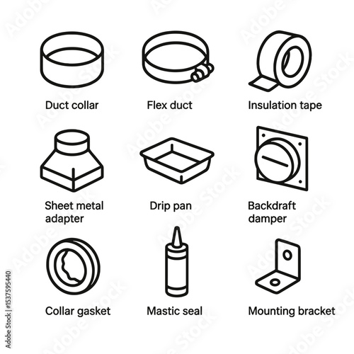 HVAC Connector Icons. Outline icon set of HVAC flexible duct connectors: duct collar, flex duct clamp, insulation tape, sheet
