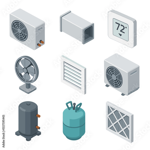 HVAC System Icon Set. Isometric Flat icon set of HVAC system parts: air conditioner unit, duct, thermostat, fan, vent, heat pump,
