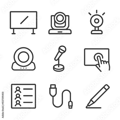 Hybrid Meeting Tech Icons. Outline icon set of hybrid meeting room technology: smart board, video camera, speakerphone, microphone