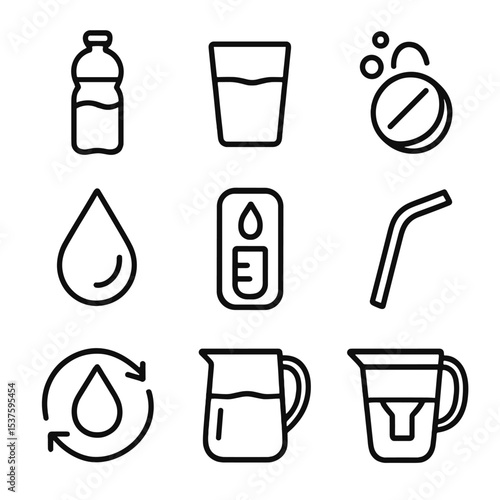 Hydration Icon Set. Outline icon set of hydration and cramps: water bottle, glass of water, electrolyte tablet, sweat droplet,
