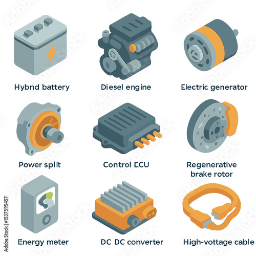 Hybrid Powertrain Icon Set. Isometric Flat icon set of Hybrid Powertrain Elements: hybrid battery, diesel engine, electric