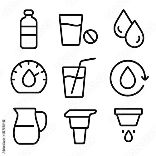 Hydration Icon Set. Outline icon set of hydration and cramps: water bottle, glass of water, electrolyte tablet, sweat droplet,