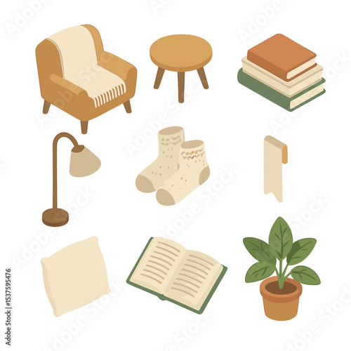Hygge Reading Nook Icons. Isometric Flat icon set of hygge reading nook: armchair, side table, stack of books, reading lamp,