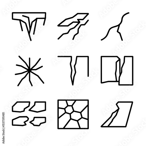Ice Fracture Icons. Outline icon set of ice and glacier fractures: crevasse opening, pressure ridge crack, meltwater seam, pond