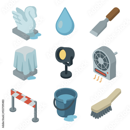 Ice Sculpture Icons. Isometric Flat icon set of ice sculpture melting: sculpture pedestal, water drip, chase tool, tarp cover,