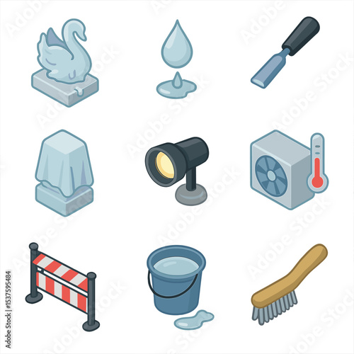 Ice Sculpture Icons. Isometric Flat icon set of ice sculpture melting: sculpture pedestal, water drip, chase tool, tarp cover,