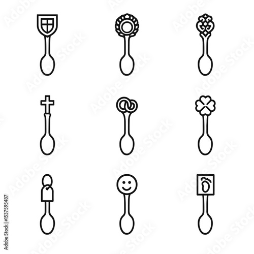 Iconic Spoon Collection. Outline icon set of symbolic and collectible spoons: souvenir spoon, commemorative spoon, heirloom spoon,