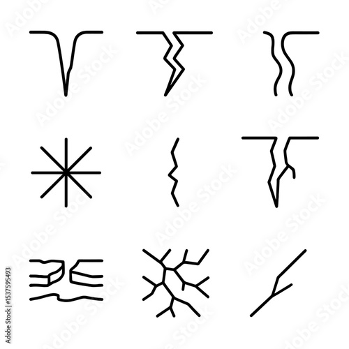 Ice Fracture Icons. Outline icon set of ice and glacier fractures: crevasse opening, pressure ridge crack, meltwater seam, pond