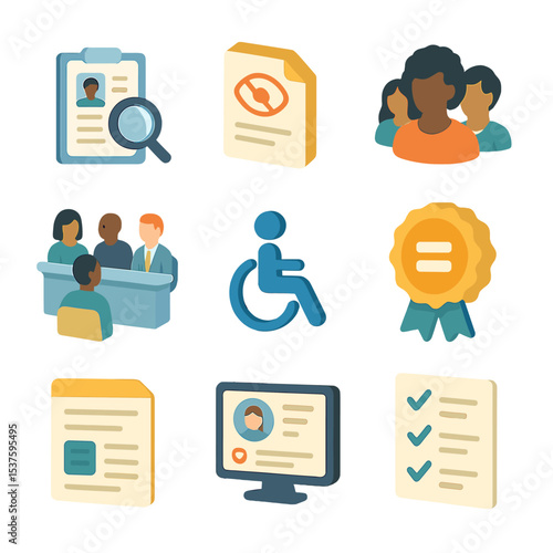 Inclusive Hiring Icons. Isometric Flat icon set of inclusive hiring practices: resume screening, blind resume icon, diverse