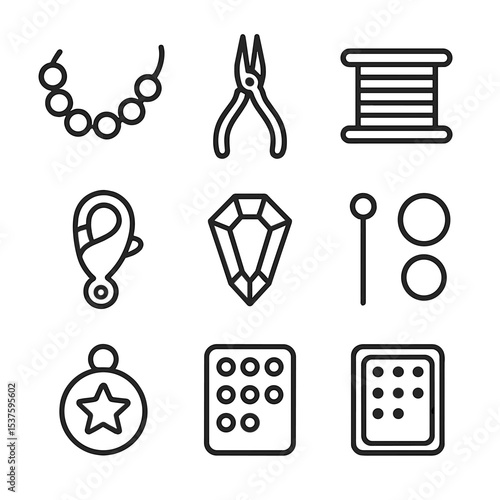 Jewelry Making Icons. Outline icon set of jewelry making: bead string, pliers, wire spool, clasp, gemstone, headpin, jump ring,