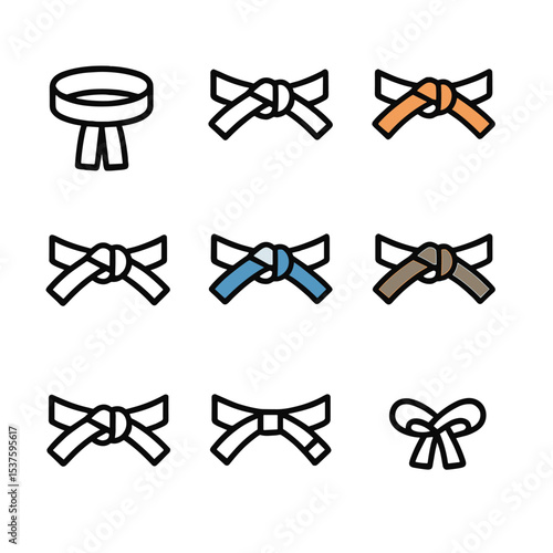 Judo Belt Icons. Outline icon set of judo belt ranking system: white belt, yellow belt, orange belt, green belt, blue belt, brown