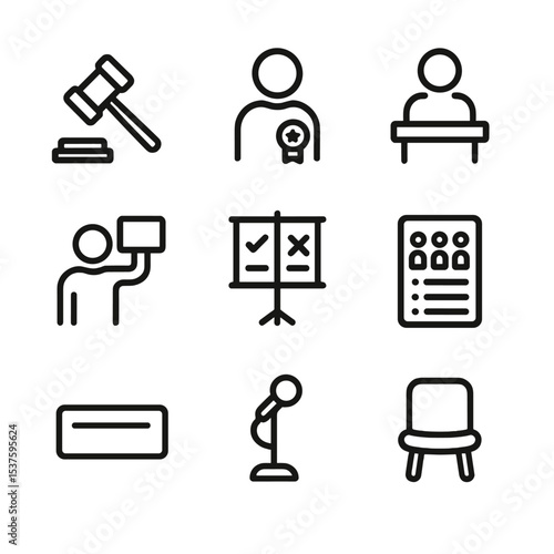 Jury Foreperson Icons. Outline icon set of jury foreperson: gavel hand, leader badge, speaking podium, cue card, vote tally, jury