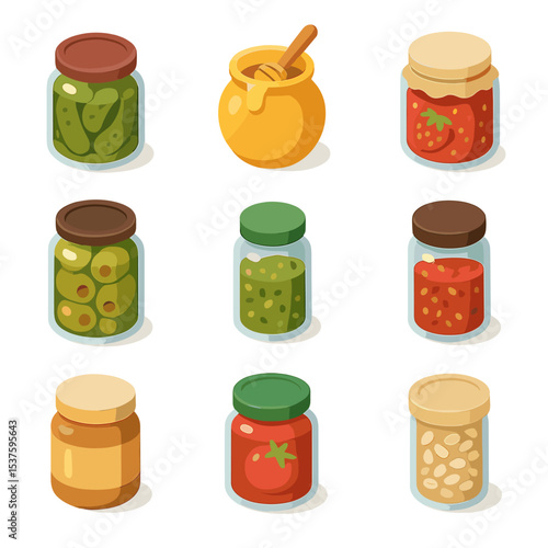 Kitchen Pantry Icons. Isometric Flat icon set of kitchen pantry jars: pickles, honey pot, strawberry jam, green olives, dried
