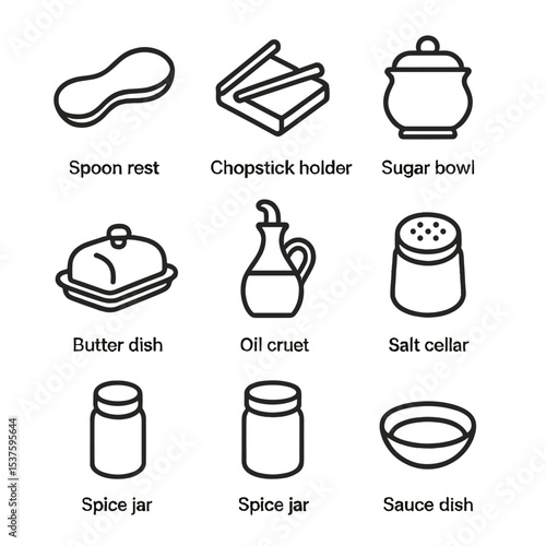 Kitchen Serveware Icons. Outline icon set of kitchen serveware: spoon rest, chopstick holder, sugar bowl, creamer jug, butter dish