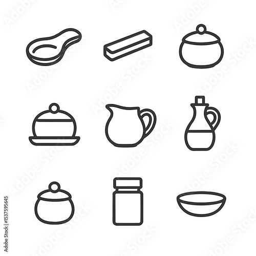 Kitchen Serveware Icons. Outline icon set of kitchen serveware: spoon rest, chopstick holder, sugar bowl, creamer jug, butter dish