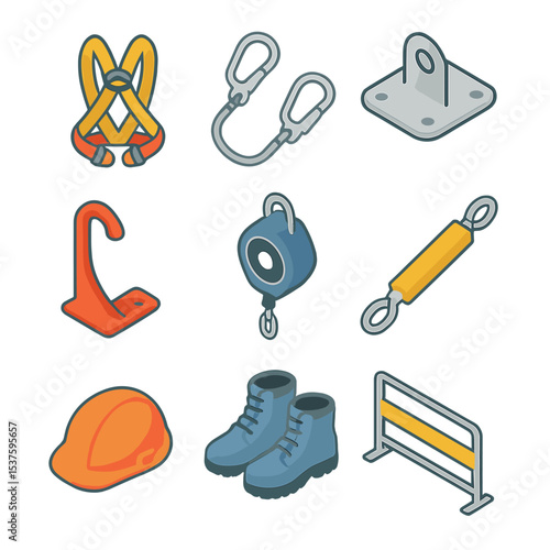 Ladder Safety Equipment Icons. Isometric Flat icon set of ladder fall protection equipment: safety harness, lanyard, anchor point,
