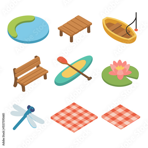 Lakeside Adventure Icons. Isometric Flat icon set of lakeside nature walk: lake, dock, rowboat, fishing line, bench, paddleboard,