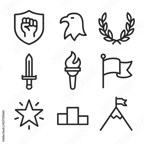 Leadership Icon Set. Outline icon set of leadership and courage: fist on shield, eagle silhouette, laurel crown, sword hilt, torch