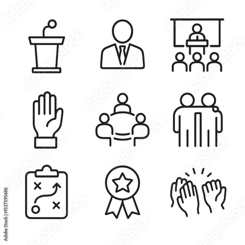 Leadership Icon Set. Outline icon set of leadership engagement features: podium mic, CEO silhouette, town hall stage, commitment
