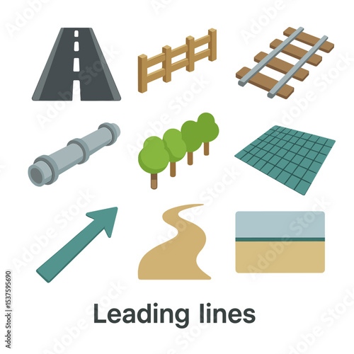 Leading Lines Icon Set. Isometric Flat icon set of leading lines: converging road, fence line, railway track, pipeline, tree row,