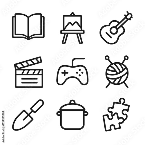 Leisure Icon Grid. Outline icon set of hobbies and leisure: book reading, painting easel, guitar strumming, film clapperboard,