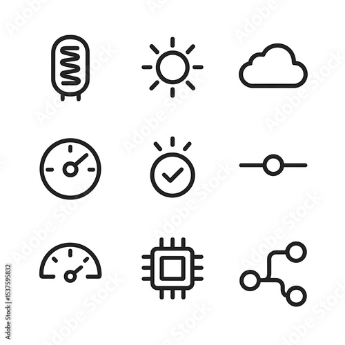 Light Sensor Switch Icons. Outline icon set of light sensor switches: photoresistor, sun icon, cloud icon, sensitivity dial,
