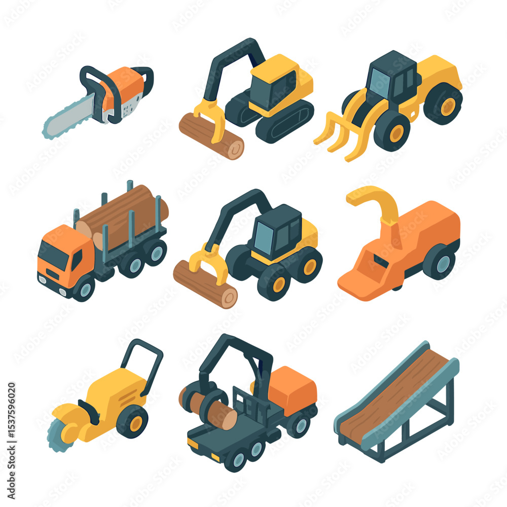 Logging Equipment Icons. Isometric Flat icon set of logging equipment: chainsaw, feller buncher, skidding tractor, logging truck, Logging Equipment Icons. Isometric Flat icon set of logging equipment: chainsaw, feller buncher, skidding tractor, logging truck,