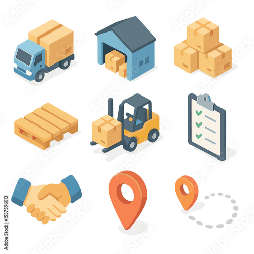 Logistics Icon Set. Isometric Flat icon set of supply chain and logistics flow: delivery truck with box, warehouse building,