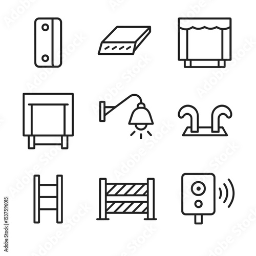 Loading Dock Icons. Outline icon set of loading dock elements: dock bumper, dock plate, dock seal, dock shelter, dock light, wheel