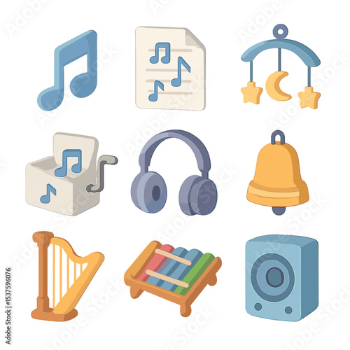 Lullaby Icon Collection. Isometric Flat icon set of lullaby and soothing sounds: music note, lullaby sheet, mobile with stars,