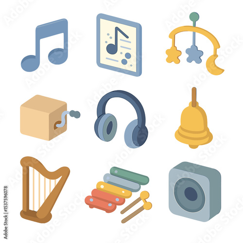 Lullaby Icon Collection. Isometric Flat icon set of lullaby and soothing sounds: music note, lullaby sheet, mobile with stars,