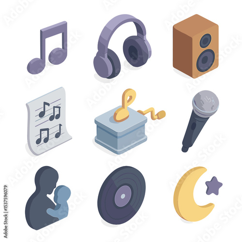 Lullaby Music Icon Set. Isometric Flat icon set of lullaby music tools: music notes, headphones, speaker, lullaby sheet, music box