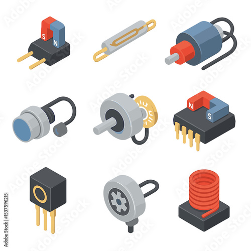 Magnetic Sensor Icons Grid. Isometric Flat icon set of magnetic sensors and actuators: Hall effect sensor, reed switch, solenoid