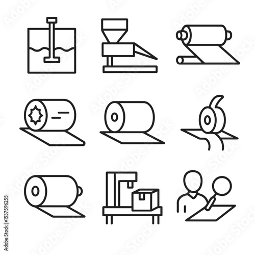 Manufacturing Icon Set. Outline icon set of manufacturing steps: pulp mixing vat, sheet forming headbox, pressing roller,