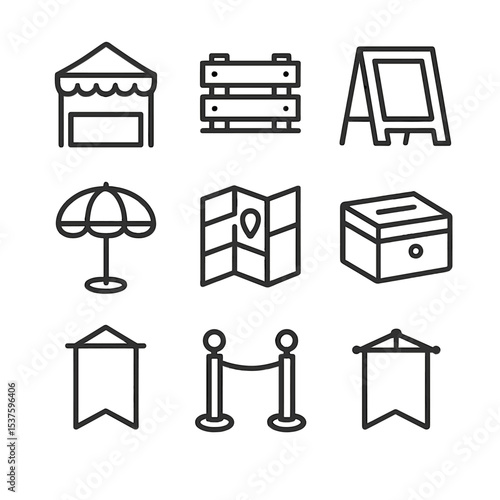 Market Icon Set. Outline icon set of market signage and infrastructure: vendor tent, wooden crate, chalkboard sign, scale platform