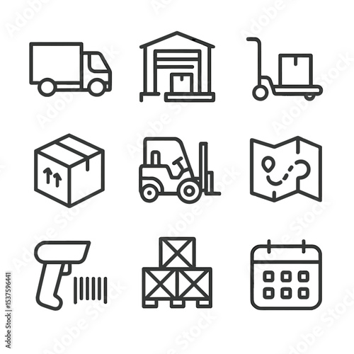 Market Logistics Icons. Outline icon set of market logistics: delivery truck, loading dock, pallet jack, cardboard box, forklift,