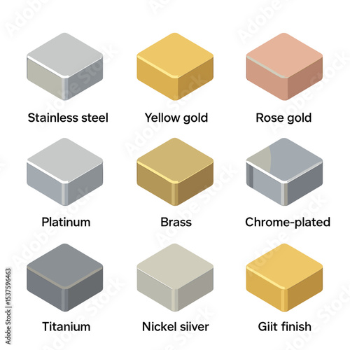 Material Icon Grid. Isometric Flat icon set of case materials and finishes: stainless steel, yellow gold, rose gold, platinum,