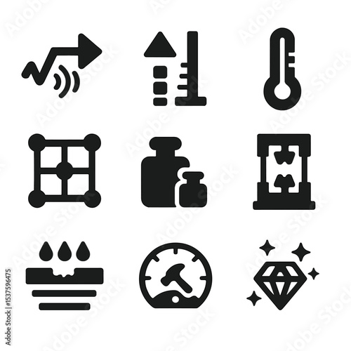 Material Properties Icons. Solid, Filled icon set of material properties: conductivity symbol, hardness scale, melting point