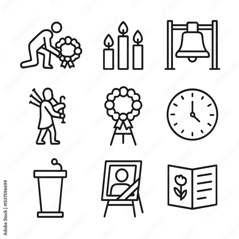 Memorial Ceremony Icons. Outline icon set of memorial ceremonies and rituals: wreath laying, candlelight vigil, bell tolling, Memorial Ceremony Icons. Outline icon set of memorial ceremonies and rituals: wreath laying, candlelight vigil, bell tolling,