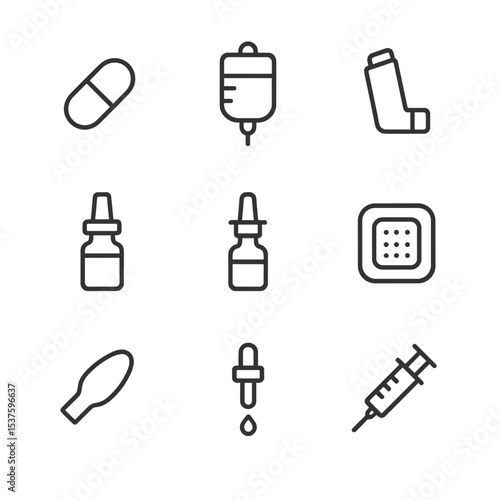 Medical Icon Set. Outline icon set of administration routes: oral pill, IV drip bag, inhaler device, nasal spray bottle,