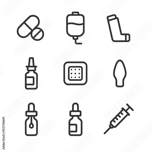 Medical Icon Set. Outline icon set of administration routes: oral pill, IV drip bag, inhaler device, nasal spray bottle,