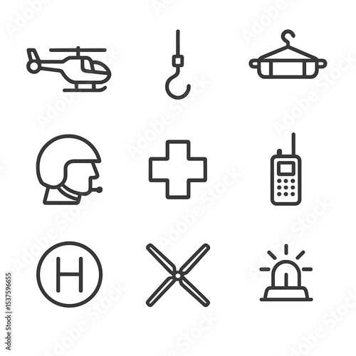 Medevac Icon Set. Outline icon set of medevac helicopter operation: helicopter silhouette, winch cable, stretcher hook, pilot