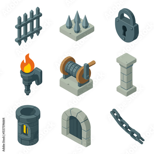 Medieval Gate Icons. Isometric Flat icon set of dungeon or castle gate components: portcullis bars, iron spikes, medieval lock,