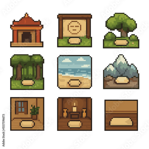Meditation Icon Grid. Pixel art icon set of meditation environments: temple facade, meditation hall, garden clearing, forest glade