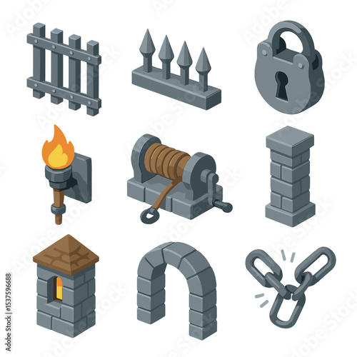 Medieval Gate Icons. Isometric Flat icon set of dungeon or castle gate components: portcullis bars, iron spikes, medieval lock,