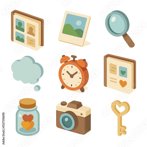 Memory Icon Collection. Isometric Flat icon set of memory and reflection: photo album, Polaroid picture, magnifying glass, thought