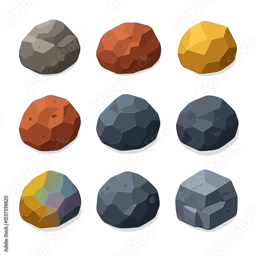 Metallic Ores Icons. Isometric Flat icon set of metallic ores: iron ore, copper ore, gold ore, silver ore, bauxite, hematite,