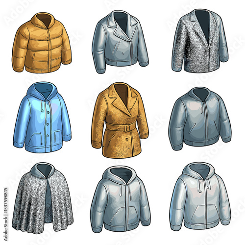 Metallic Outerwear Icons. Isometric Flat icon set of metallic outerwear: gold puffer jacket, silver biker jacket, sequin blazer,