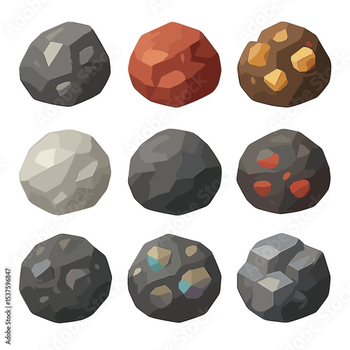 Metallic Ores Icons. Isometric Flat icon set of metallic ores: iron ore, copper ore, gold ore, silver ore, bauxite, hematite,